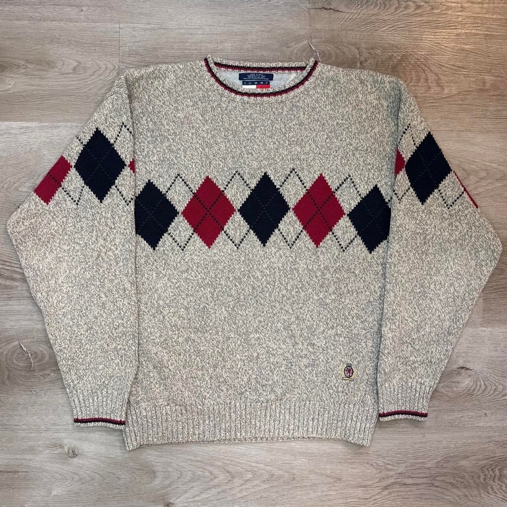 Vintage 90s Tommy Hilfiger Argyle Knit Sweater Large